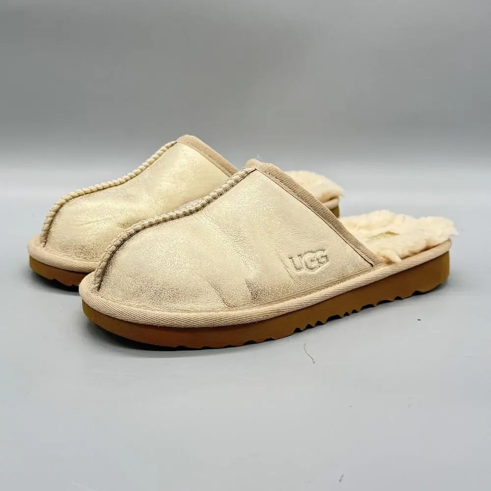 UGG Slippers Kids 2 Beige Suede Keegan Shearling Lined Slip On Mule Cozy Shoes